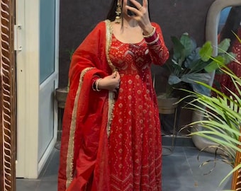 Red Embroidered Anarkali Gown with Dupatta | Pakistani Wedding Dress, Festive Wear