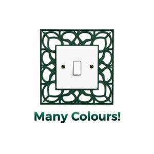 Puede incluir: Un interruptor de luz blanco con un interruptor rectangular, enmarcado en un marco decorativo verde oscuro. El marco tiene un patrón floral repetitivo. El texto "Many Colours!" se muestra en verde debajo.