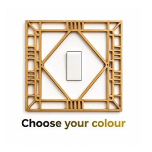 May include: A light switch cover with a geometric wooden design. The cover is light brown and surrounds a white light switch. The text "Choose your colour" is at the bottom of the image.