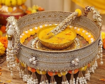 Handgemaakte Haldi Mehndi Ceremonie Thali met 1 kom, 2 applicators en een lepel | Bruidsritueel Accessoires | Haldi Ceremonie Dienblad | Bruiloft Decoratie