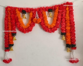Artificial Fluffy Marigold with Bell Toran\Bandhanwar for Home Entrance | Thoranam for Navratri Ganesh Chaturthi Mandir Decor | Door Valance