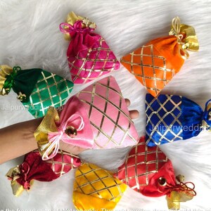 Velvet Potli Bag with Gota Lace Embroidery – Bridal Gift Pouch, Wedding Return Gift Bag, Dry Fruit & Mithai Favor, Mehndi Sangeet Batwa image 2