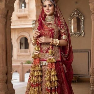 Handmade Indian Rajputi Bajuband /Armlet Loom Pair | Red & Gold Decorative Tassel Latkan | Bridal Accessories | Royal Rajasthani Arm Jewelry