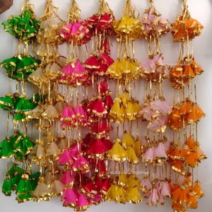 Può includere: Una collezione di nappe decorative colorate in varie tonalità di verde, oro, rosa, rosso, giallo e arancione. Ogni nappa presenta un design a strati con finiture dorate e cordoncini, perfette per decorazioni festive.