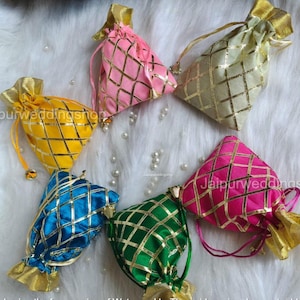 Gota rutig design siden-potli-väska med dragsko, Godbhari-potli-väskor för brud, torra fruktpåsar för bröllop, Mayra-gåva, Nikkah-giveaway-artikel