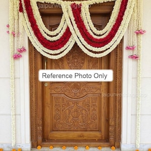 Eco-Friendly Red and off White Jasmine Flower Door Toran/  Bandarwar / Door Valance For South Indian Wedding Decor  , Griahpravesham Decor