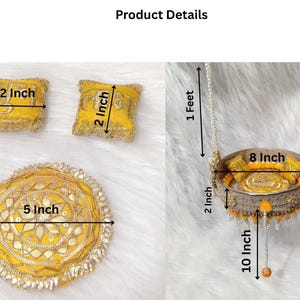 Op de afbeelding: Een gele decoratieve schommelset met twee kleine vierkante kussens van 5,08 cm, een ronde mat van 12,7 cm en een hangende schommel met een diameter van 20,32 cm en een hoogte van 5,08 cm, met kettingen van 30,48 cm en een kwast van 25,4 cm.
