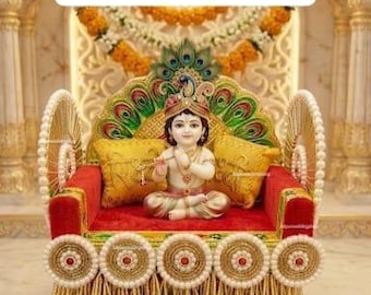 Handcrafted Meenakari Peacock Design Laddu Gopal Singhasan with Pearl and  Shubh Labh Cushions| Ganpati and Krishna Idol Pooja Throne\Chowki