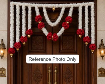 Toran fatto a mano con gelsomini e rose rosse, decorazione per porta per matrimoni indiani, Diwali Bandarwar, sfondo per Pooja Mandir, regalo per inaugurazione della casa, mantovana floreale