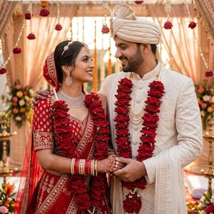 新郎新婦用造花赤いバラ ヴァルマラ ペア |インドとパンジャブのカップルのためのジャイマラ結婚式交換 |プージャ・マラ\ミルニ・マラ | 30インチ