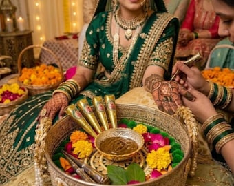 Handgemaakte Kundan Mehndi Thali Set met decoratieve kom en 2 applicators met kwastje | Decoratieblad voor de Haldi-ceremonie | Indiase bruiloftsdecoratie