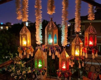 Colorful Hanging Lantern with Gota Ball and Pearl Tassel, Moroccan Style Lantern Ornament , Decorative  Ornament , Metal Tealight Holder