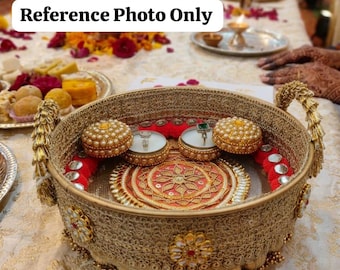 Decorative Gota Patti\Mirror Engagement Ring Platter with Two Mini Kundan Box| Personalized Engagement\Roka Nikah Wedding Ring Tray and Gift