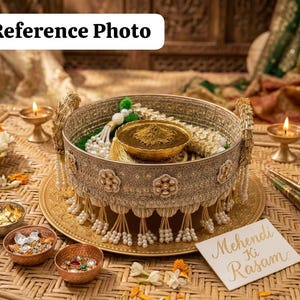 Indisk/pakistansk brud/brudgum Mehndi/Mayian Thali-set med skål och pinne | Dekorativ Haldi/Heena-bricka med pärlfransar | Vatna-ceremonidekor