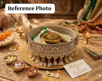 Indian\Pakistaanse bruid/bruidegom Mehndi\Mayian Thali-set met kom en stok| Decoratief dienblad Haldi\Heena met parelrand| Decoratie Vatna-ceremonie