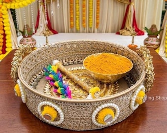 Decoratief Gota en Spiegelwerk Haldi Rasam Tray Schotel Voor Huwelijksceremonie/Bruid/Bruidegom Mayian/Haldi/Vatna Ceremonie Decoratie