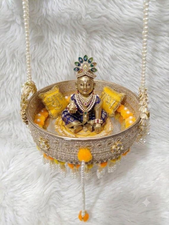 Handmade Laddu Gopal Jhula | Decorative Krishna Swing with Padded Bed & 2 Cushions | Janmashtami Decor | Bal Gopal Jhula | Temple Decor