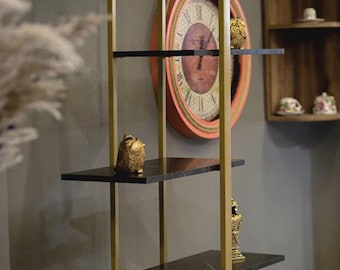 Modernes 5-stufiges Bücherregal, schwarzer Marmor, Bücherregal mit goldenem Metallrahmen, hohes freistehendes Bibliotheksregal, Wohnkultur, 90 cm breit