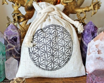 Flower Of Life Bag For Crystals, Jewelry, Mala, Pendulum, Trinkets or Gifts: Hand Printed Woodcut Pouch With Sacred Geometry