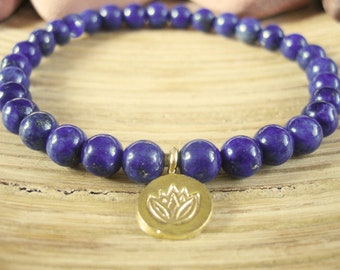 Lapis Lazuli Bracelet - Lotus Bracelet with Gold Lotus Flower Charm, Blue Yoga Mala Beads for Protection, Intuition, Stress and Wisdom