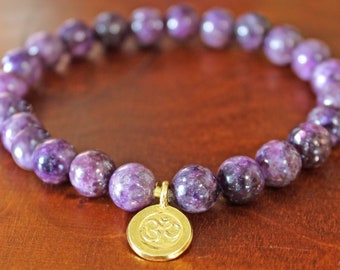 Lepidolite Bracelet with Gold Om Charm, Purple Gemstone Beads, Crystal Healing jewellery for Stress and calm