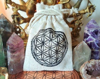 Seed Of Life Bag For Crystals, Jewelry, Mala, Pendulum, Trinkets or Small Gifts: Hand Printed Woodcut Pouch With Sacred Geometry