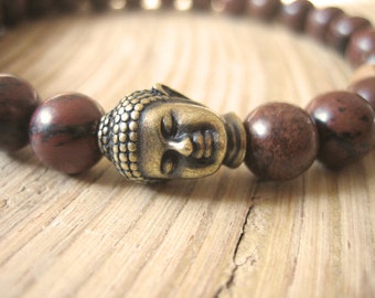 Mens Buddha Bracelet - Mahogany Obsidian Mens Bracelet with Sandalwood Mala Bead, Brass Buddha, Boho Jewellery, Overcome Obstacles