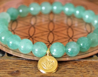 Green Aventurine Bracelet - Gold Vermeil Lotus Bracelet, Green gemstone bead bracelet for prosperity, luck and abundance