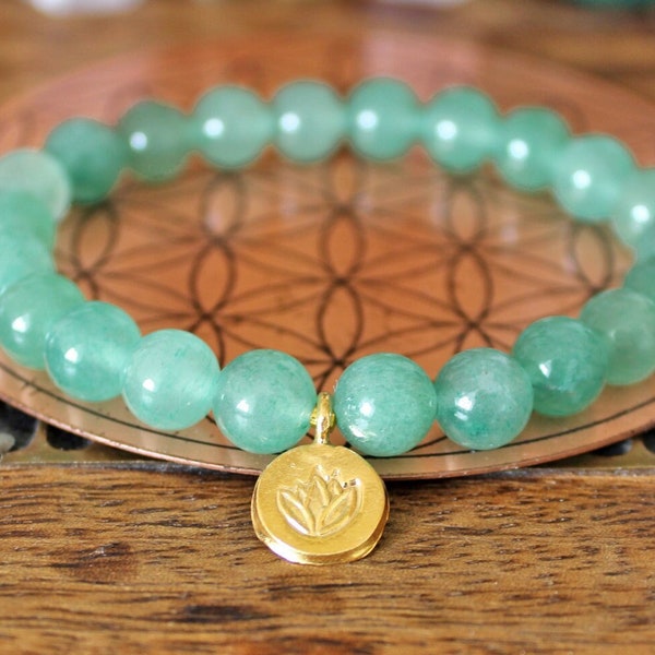 Green Aventurine Bracelet - Gold Vermeil Lotus Bracelet, Green gemstone bead bracelet for prosperity, luck and abundance