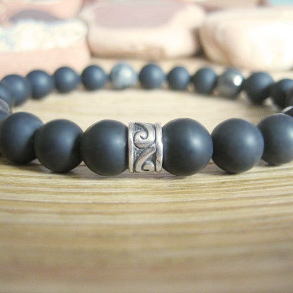 Mens Celtic Bracelet - Mens Black Bracelet with Silver, Black Stone, Onyx, Hematite and Larvikite Beads for protection and Intuition