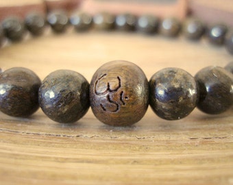 Mens Mala Bracelet - Om Bracelet with Bronzite Beads and Engraved Green Sandalwood Mala Bead, Brown Stone Bracelet for Determination