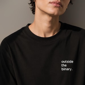 Può includere: Una t-shirt nera a girocollo con il testo bianco "outside the binary." stampato sul petto. Il capo presenta una semplice struttura in tessuto nero tinta unita con un classico scollo a costine e maniche corte, offrendo un design essenziale.
