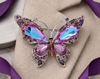 Broche de mariposa azul y morado, broche de cristal con diamantes de imitación brillantes, broche de solapa vintage glamuroso para blazer, abrigo, bufanda, regalo de boda nupcial