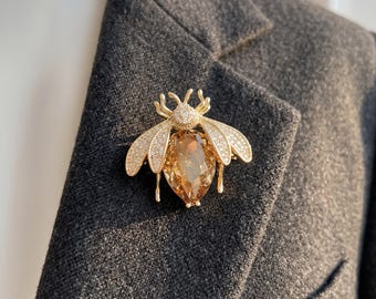 Broche de abeja brillante, broche de solapa de abeja de cristal, broche de insecto dorado, joyería llamativa de estilo vintage, regalo para ella amante de la naturaleza