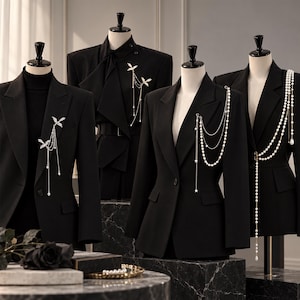 Puede incluir: Cuatro blazers negros exhibidos en maniquíes, cada uno adornado con un broche metálico único con cadenas colgantes, perlas o dijes en forma de estrella prendidos en las solapas. Los blazers tienen cuellos estructurados.