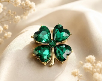 Broche vintage de trébol esmeralda con cuatro hojas de la suerte, pin de cristal verde, tono dorado, joyería irlandesa, regalo para ella, accesorio para abrigo o bufanda.