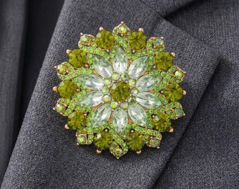 Broche vintage de girasol verde oliva, broche floral de cristal con diamantes de imitación para solapa de mujer, elegante regalo de joyería para abrigo o bufanda