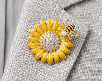 Broche de girasol, abeja y margarita esmaltado a mano, pin de solapa floral con insectos, bonito pin de naturaleza para chaqueta, sombrero o bolso, regalo para ella.