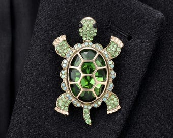 Broche de tortuga con diamantes de imitación hecho a mano, broche de solapa de tortuga con cristales, joyería vintage de animales, broche brillante para bufanda, regalo para ella.