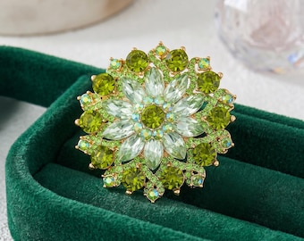 Olivgrün Kristall Sonnenblume Brosche für Frauen, Vintage Floral Strass Legierung Pin, elegante Jacke Schal Mantel Accessoire Geschenk