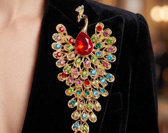 Broche de pavo real hecho a mano con diamantes de imitación, broche de solapa con forma de pájaro de cristal, broche para bufanda o chal de inspiración vintage, regalo de accesorio nupcial