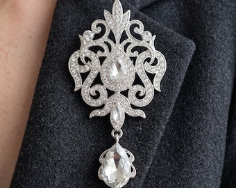 Broche vintage de cristal en forma de lágrima, broche de solapa con diamantes de imitación en tono dorado, broche retro para ramo de novia, regalo para bufanda para ella.