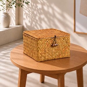 May include: A square, woven seagrass storage basket with a matching lid. The basket features a natural tan and golden-brown color palette with a tight, diagonal weave pattern. A black elastic cord with a wooden toggle secures the lid in place.