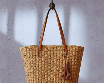Straw Woven Tote Bag Large Capacity Travel Beach Handbag Square Zipper Opening