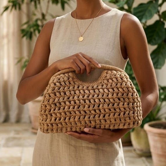 Natural Fiber Snap Clutch Bag, Spanish Seaside Straw  Woven Handbag