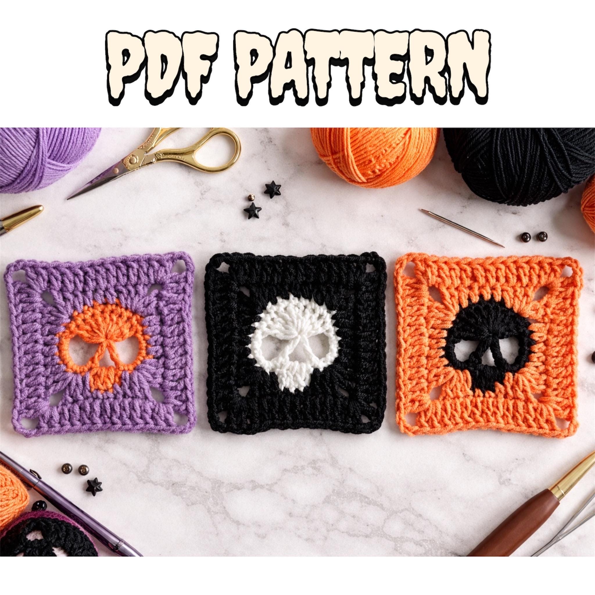 Skull Granny Square Crochet Pattern, Halloween Gothic Motif