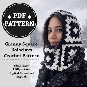 May include: A black and white granny square balaclava crochet pattern is shown in this image. The text on the image says "PDF PATTERN" and "Granny Square Balaclava Crochet Pattern". The pattern is a digital download and is easy to make.