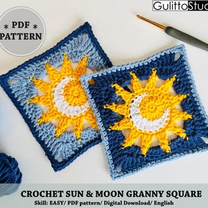 May include: Two crocheted granny squares with a sun and moon design. The squares feature a yellow sun and white crescent moon against a dark blue background, framed by light and dark blue borders. The text "* PDF * PATTERN" is in a circle.