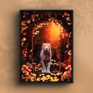May include: A framed art print featuring a white tiger standing in a floral archway. The artwork has a warm color palette with orange and yellow flowers, a statue, and a piano. The background shows a bright, sunlit opening.
