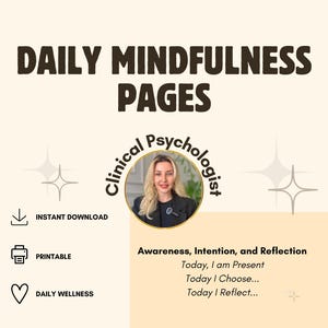 Páginas de diario de atención plena diaria, reflexión basada en TCC, aprobado por psicólogos clínicos, PDF sobre salud mental, planificador de autocuidado, ritual matutino.